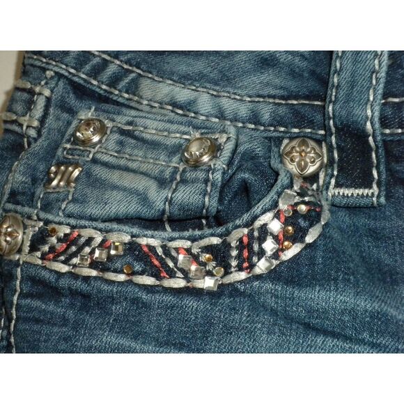 Miss Me Jeans 26 Blue Denim Signature Boot Rhinestone Embellished Distressed - Picture 5 of 16